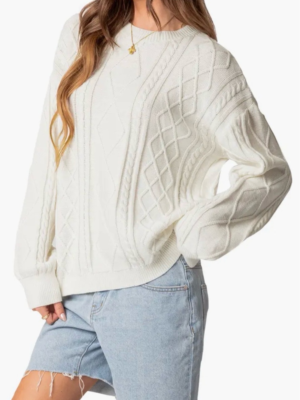 Edikted Jessy Oversized Cream Cable Knit Crewneck Sweater